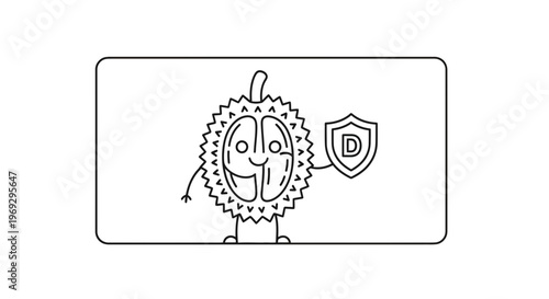 Cute Durian Character Holding Shield with Letter D, Healthy Fruit Mascot
