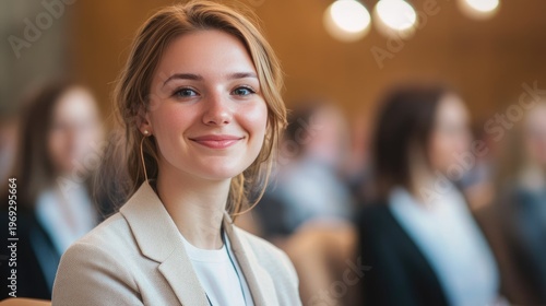 A confident young businesswoman smiling in a professional setting with colleagues in the background.