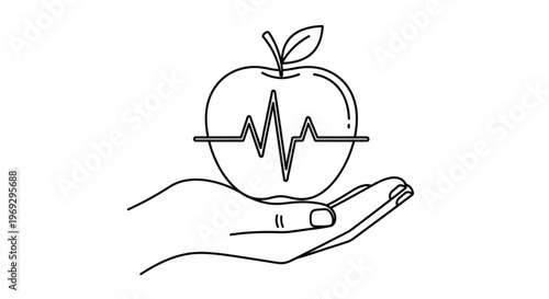 Healthy lifestyle concept with hand holding apple and ecg heartbeat line symbolizing wellness and medical care