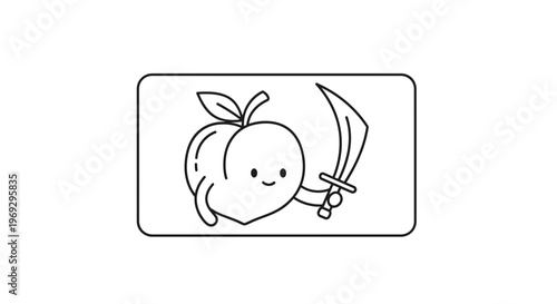 Cute Peach Character Holding a Sword, Cartoon Style