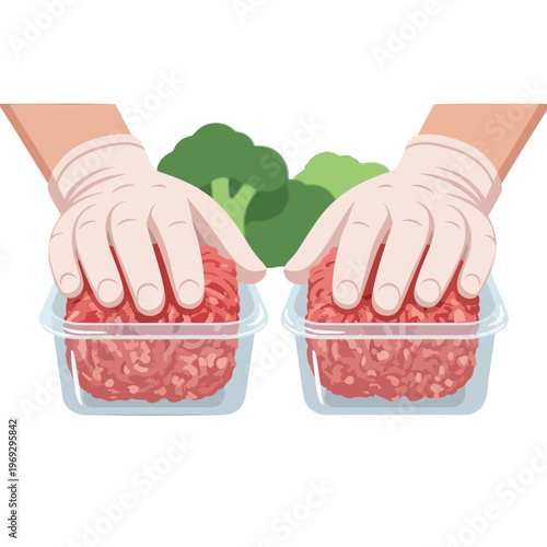 Hands in gloves preparing raw ground meat and vegetables for cooking