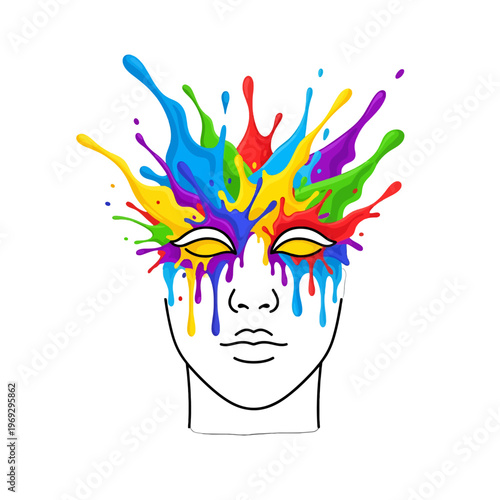 Abstract colorful paint splashes form a mask over a stylized face