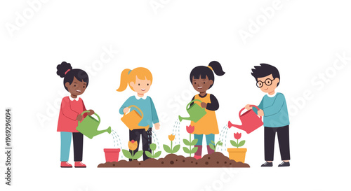 Four diverse children are happily working together in a garden, using colorful watering cans to nurture various blooming flowers and plants.