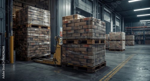 Plastic wrapped cargo pallets with stacked cardboard boxes transported by hand pallet truck at warehouse freight dock with copy space