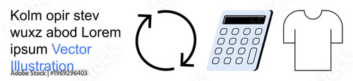 Sustainability, circular economy, waste management, eco-friendly practices, recycling concepts, environmental awareness. Recycling symbol, calculator, and t-shirt icons in clean design