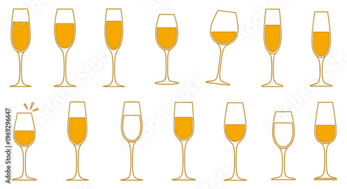 Champagne, wine glasses, vector icons, 16 wineglass set, golden yellow