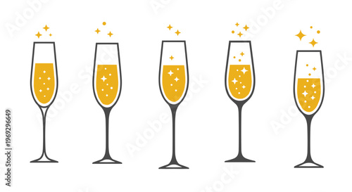 Champagne Glasses, Sparkling Wine, Party Icons, Vector Illustrations, Celebration Elements