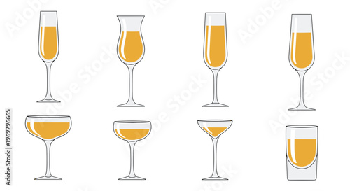 Vector glasses, cocktail glasses, champagne flutes, drink icons, barware illustrations