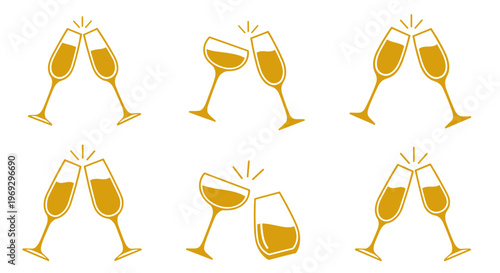 Golden champagne glasses, toasting icons, celebration symbols, party graphics, vector illustrations