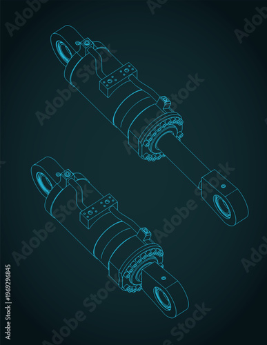 Hydraulic cylinder piston isometric blueprints illustration