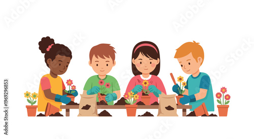 Four diverse children are shown happily gardening together, planting colorful flowers in terracotta pots at a long wooden potting table.