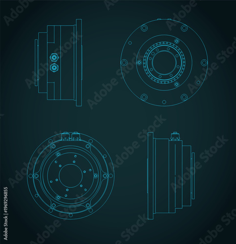 Hydraulic rotary actuator unit blueprints illustration