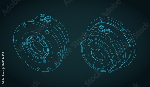 Hydraulic rotary actuator unit isometric blueprints illustration