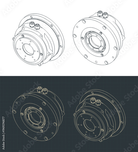 Hydraulic rotary actuator unit isometric blueprints