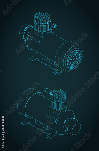 Industrial air compressor with electric motor isometric blueprint