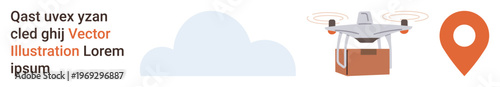 Logistics, delivery, technology, mapping, e-commerce, innovation. A quadcopter carrying a package with a cloud and location pin icon. Logistics and delivery concepts showcased with aerial tech