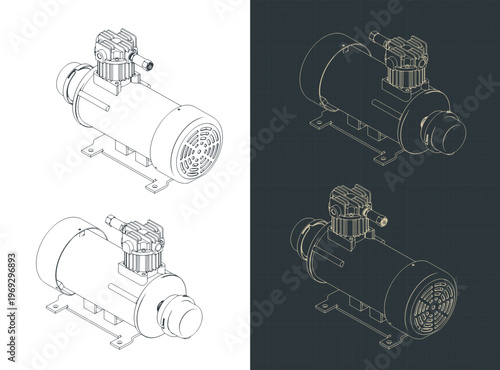 Industrial air compressor with electric motor isometric drawing