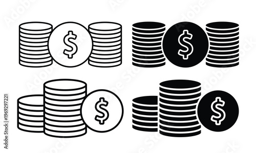 Multiple Stacked Dollar Coins Line Outline Solid Black Growth Icons Vector Set