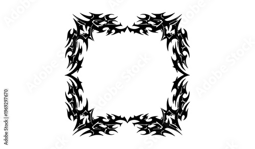 Square Tribal Fire Frame with Sharp Gothic Flame Spikes Symmetrical Freehand Black Vector Border Isolated on White