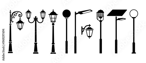 Street Lamp Silhouette set Outdoor Lighting Pole icon