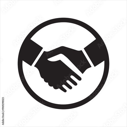 Black handshake icon inside a circle representing agreement and partnership
