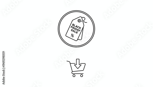 Black Friday Sale Tag Icon with Shopping Cart and Down Arrow - Online Shopping Concept