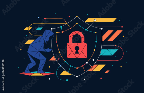 Digital security shield with a hacker figure attempting to breach a red locked padlock, symbolizing cybercrime and data protection challenges in a tech environment.