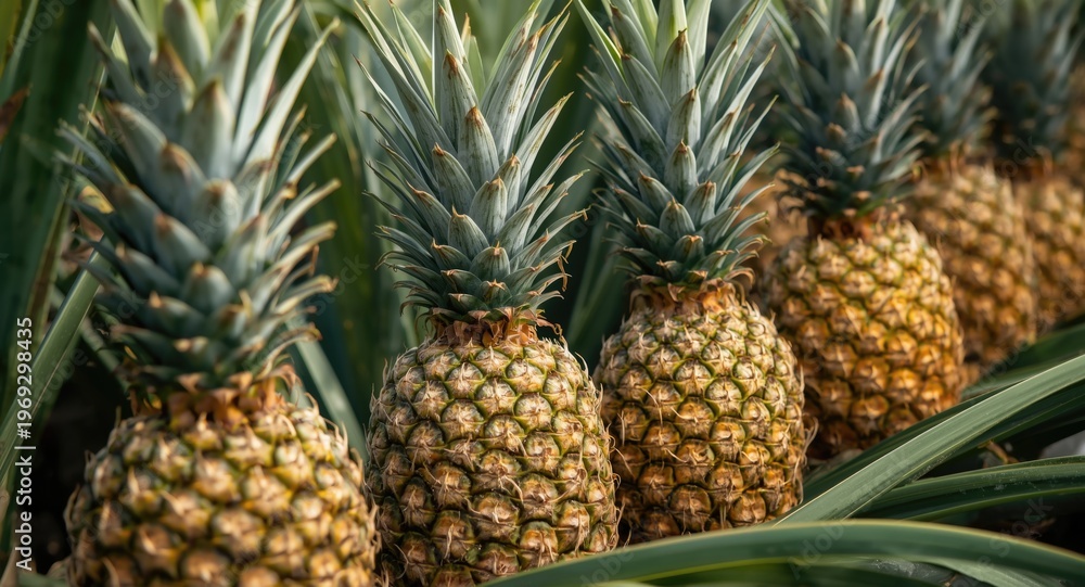 Obraz premium Juicy pineapples maturing on natural green plants