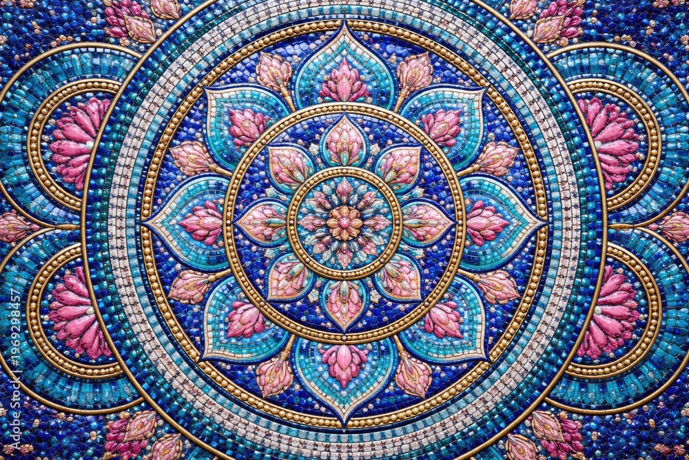 Fototapeta premium Close up of a vibrant mosaic artwork featuring symmetrical circular patterns in vivid blue and pink hues on a textured wall