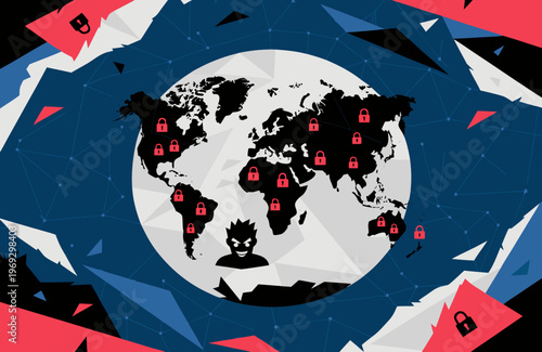 Global cyber threat illustrated by a world map with locked continents and a shadowy hacker figure beneath a digital storm of polygons, signifying worldwide digital insecurity and a pervasive security.