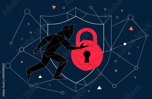 Silhouetted figure crafted from geometric polygons actively reaching towards a large red shield with a padlock icon, representing cybersecurity and protection against digital intrusion.
