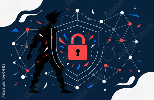 Silhouette of a person stands guard, protecting a glowing shield with a red padlock against a backdrop of a digital network and abstract shapes, symbolizing digital security and cyber defense.