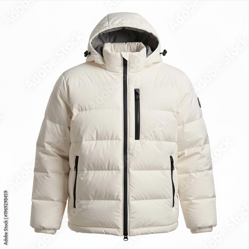 White Puffer Jacket with Hood and Zippers for Winter Outdoor Wear