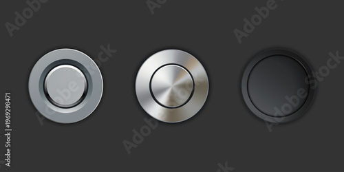 Vector set of glossy black and metallic round buttons with chrome frames. Realistic 3D design elements for web and app UI UX.