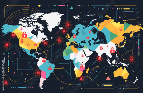 Worldwide digital security represented by a geometric world map overlaid with red padlock symbols, signifying the critical importance of data protection and network integrity globally.