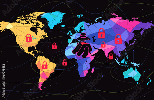International cybersecurity concept illustrated with a world map in vibrant colors, displaying numerous digital padlock icons and a suspicious figure in a hat symbolizing threat actors.