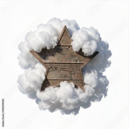 Wooden Star Shape Surrounded by Fluffy White Clouds Isolated on White Background