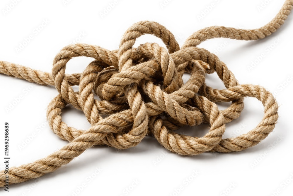 Fototapeta premium Twisted string creating complex knots on a plain white background