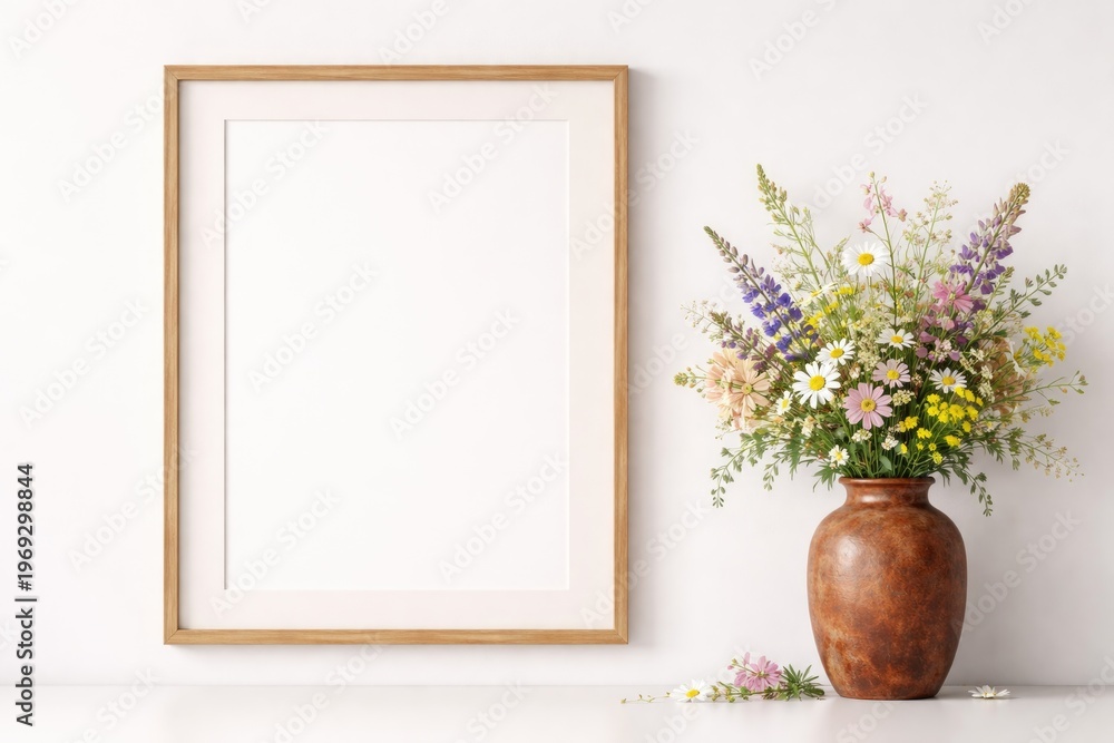 Fototapeta premium panorama of an empty frame with field flowers in a rust colored vase on a white background