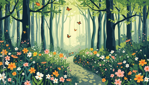 Whimsical forest path, colorful flowers, butterflies, serene landscape, nature scenery