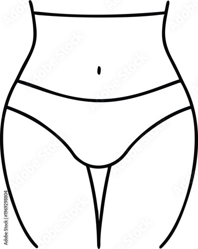 Minimalist line illustration depicting a slender female torso with classic mid rise bikini style underwear