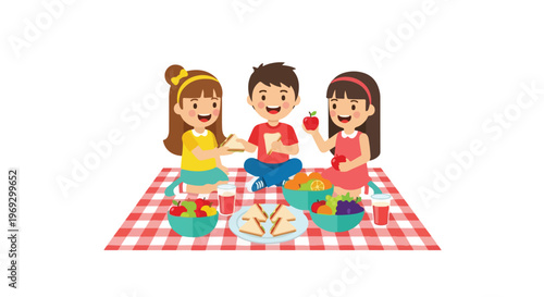 Three happy children are enjoying a picnic on a red checkered blanket, sharing sandwiches, fruit, and juice in a charming vector illustration.