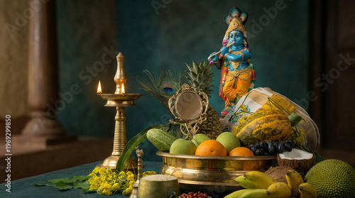 Canvastavla Traditional Vishukkani arrangement in Uruli with fruits, coconut, and Aranmula Kannadi, adorned with Kanikkonna flowers in a Kerala heritage home, celebrating Vishu festival and prosperity