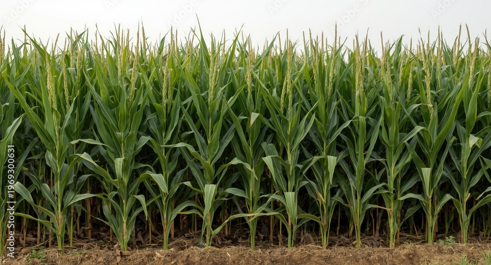 Fototapeta premium Tall maize stalks with lush leaves growing in open farmland
