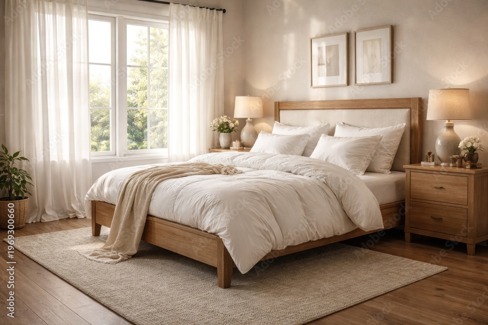 Fototapeta premium Comfortable bedroom featuring soft white linens on a wooden frame bed