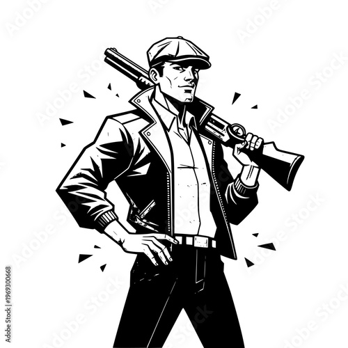 Tough Man in Flat Cap and Leather Jacket Posing Confidently with Shotgun on Shoulder - Classic Comic Book Style Illustration