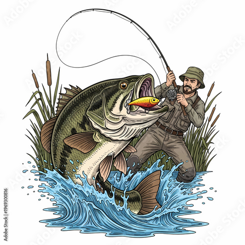 Bass fishing illustration with angler and reeds isolated on white background.