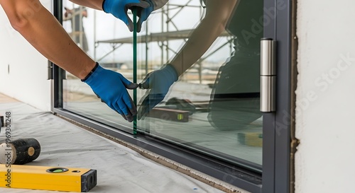 Window glass installation with attention to detail and precision hands