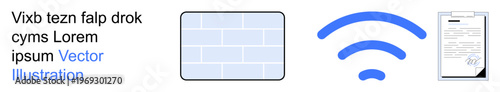 Connectivity, communication, digital networks, information sharing, technology access, security. Visible wireless signal icon, a brick wall and a document icon. Connectivity and communication