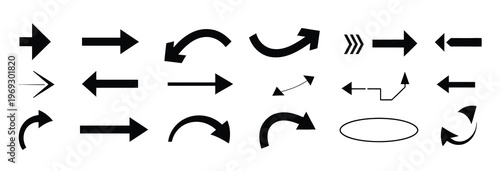 Set of bold and simple arrow icons, featuring curved and straight designs for clear direction indication.